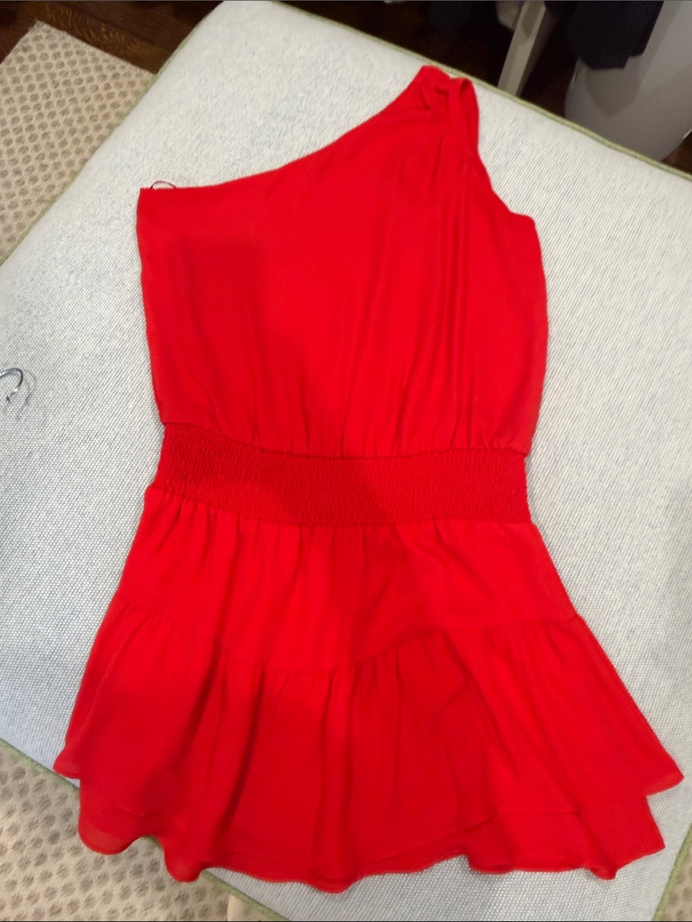 One-Shoulder Red Smocked-Waist Ruffle Dress
